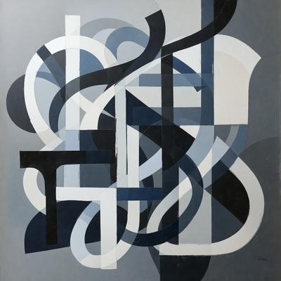 The primary subject of the image is a large, abstract painting featuring a blue and white color scheme. The painting is displayed on a gray wall, which serves as the setting or background. The visual style of the painting is a combination of digital art and illustration, creating a unique and intricate design. The dominant colors in the painting are blue and white, which contribute to a calm and serene atmosphere.